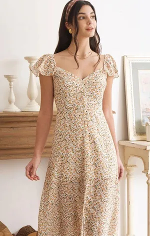 RIHOAS The Yellow V Neck Floral Slit Midi Dress thumbnail 6