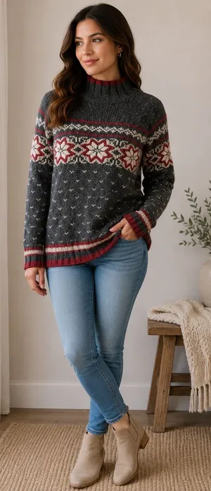 Casual Corner Vintage Nordic Fair Isle Wool Blend Mock Neck Sweater Gray XL thumbnail 1
