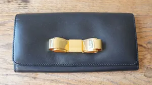 Ted Baker London Black Leather Matinee Wallet Gold Metal Bow Flap Long Clutch thumbnail 1