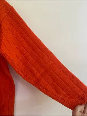 Express Tricot Orange Ribbed V-Neck Sweater 100% Wool Vintage thumbnail 7