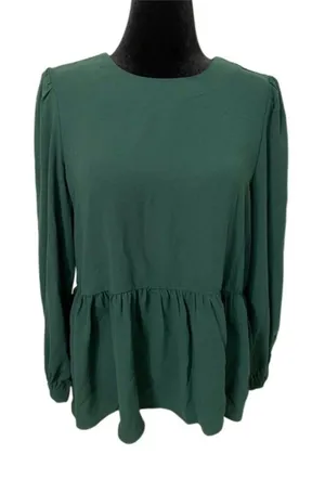 Tuckernuck Pomander Place Carlotta Hunter Green Peplum Top Large Long Sleeves thumbnail 1