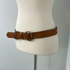 Cognac Brown Genuine Leather Wide Waist Belt Gold Circle Buckle 40" thumbnail 5