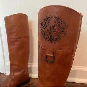 Frye Melissa Logo Leather Riding Boots Cognac Brown Sz 6.5 thumbnail 5