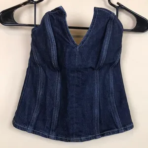 Zara Women’s Dark Wash Blue Denim Jean Boning Split Neck Zipper Back Bustier Top thumbnail 1
