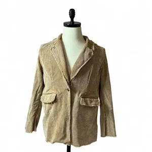 POL FWJ74B Frayed Raw Edge Corduroy Blazer Womens Medium Tan Boho Western Jacket thumbnail 2