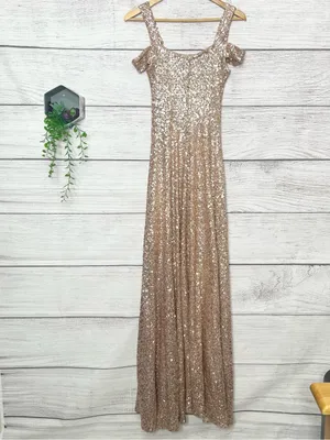 Couture Gold Sequin Sparkling Off Shoulder Formal Evening Gown Size Small Tall thumbnail 14