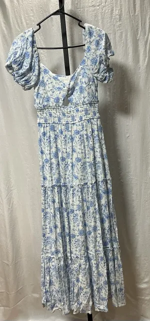 Altar'd State Floral Tiered Maxi Dress XXS Blue White Puff Sleeve Smocked NWT thumbnail 1