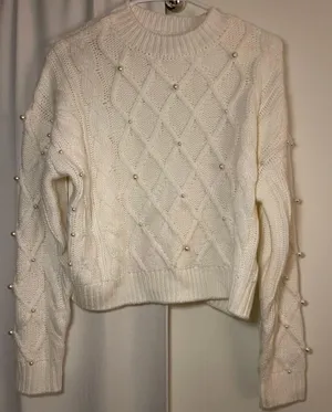 Pearl Embellished White Long Sleeve Sweater thumbnail 1