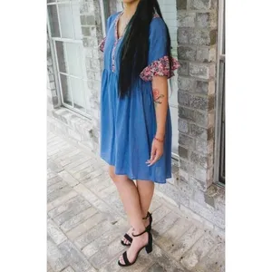 NWT Umgee USA Blue Floral Trim V Neck Button Front Babydoll Dress Size L Boho‎ thumbnail 2