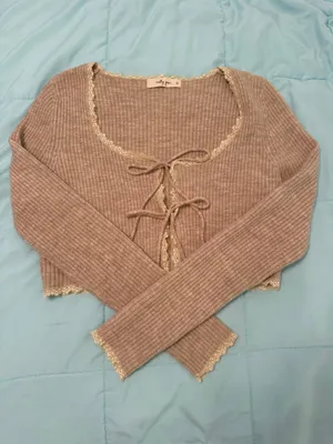 Molly Green Beige Tie-Front Cropped Cardigan thumbnail 2