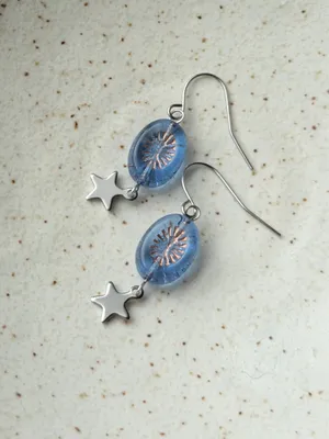 Handmade retro vintage cute whimsical style quality Czech glass beads unique dangle earrings🩵 thumbnail 4