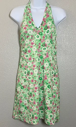 Y2K Green Halter Dress Medium Flower Print 2000s Party Club Rave Retro Casual thumbnail 1