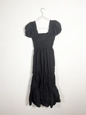 OPT Daphne Square Neck Smocked Dress Puff Sleeves Midi Black 100% Cotton Large thumbnail 3