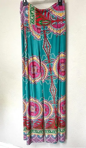 Pleated Blue and Pink Medallion Print Maxi Wide Leg Pants for Resort Wear thumbnail 2