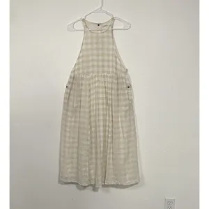 KIMCHI BLUE Size S Gingham White Beige Plaid Linen Cotton Pinafore Dress Snaps thumbnail 6
