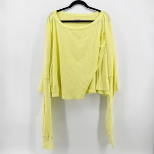 Free People Microphone Drop Lemon Grass Yellow Thermal Top Waffle‎ Knit Medium thumbnail 3