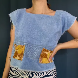 Vintage 70s Grecian Blue Towel Top thumbnail 1