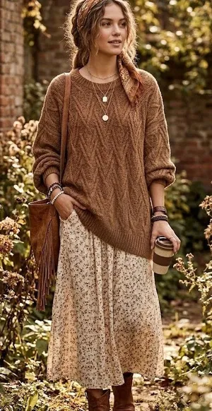 Free People Brown Cable Knit Chunky Oversized Sweater Womens L Fall Cozy Classic thumbnail 1