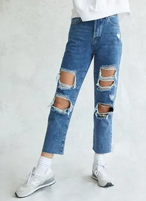PacSun Medium Blue Distressed High Waisted Straight Leg Jeans thumbnail 1