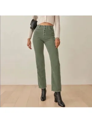 Reformation Cynthia Pants Size 27 Moss Green Corduroy Button Fly Whimsigoth Chic thumbnail 10