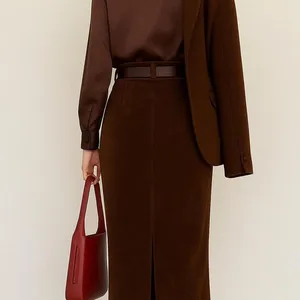 Retro brown Corduroy Slit Skirt Female Mid-length High Waist‎ Elegant Skirt xxs thumbnail 2