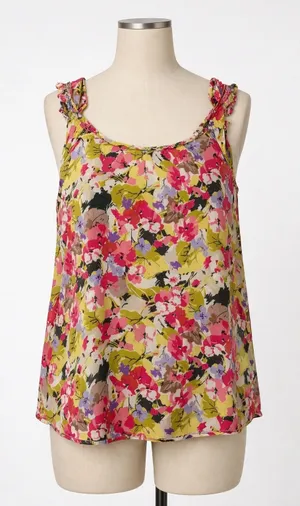 LOFT Floral Tank Top Women Large Multicolor Smocked Ruffle Strap Boho Scoop Neck thumbnail 1