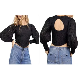 free people lace black open cutout back puff sleeve crop top thumbnail 2