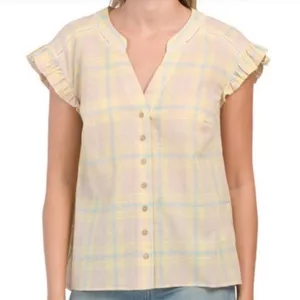 Democracy Blouse 1X Yellow Plaid Ruffle Cap Sleeve Button Front Cottagecore thumbnail 1