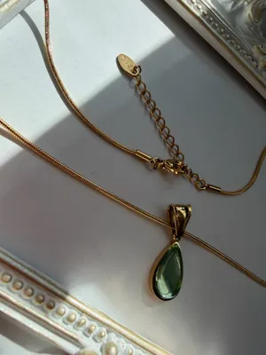 Gold necklace with cute green teardrop pendant elegant and non tarnish thumbnail 2