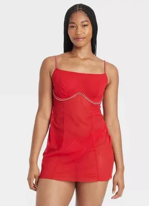 Women's Rhinestone Lingerie Dress - Auden Red thumbnail 6