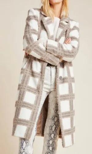 NVLT Cream and Brown Plaid Faux-Shearling Teddy Coat Size Medium thumbnail 1
