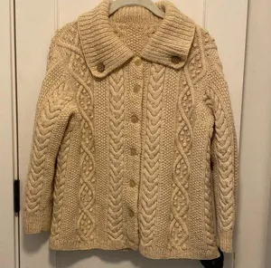 Vintage 100% Wool Hand knit Aran Dimond fisherman ivory cardigan sweater M/L thumbnail 1