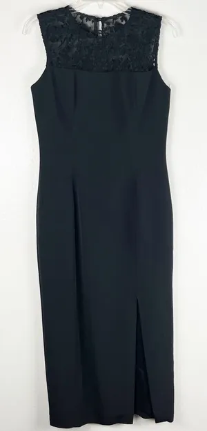 PAT ARGENTI Evening Wear Classic Black Velvet Lace Top Front Split Dress Size 6 thumbnail 1