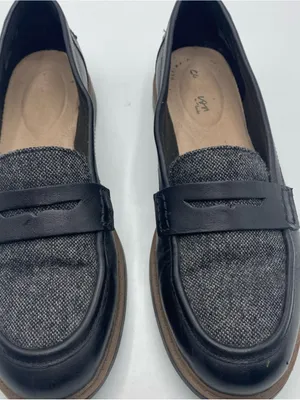 Clarks Raisie Aletta Black Leather Gray Tweed Slip-On Penny Loafers 7M Cushion thumbnail 9