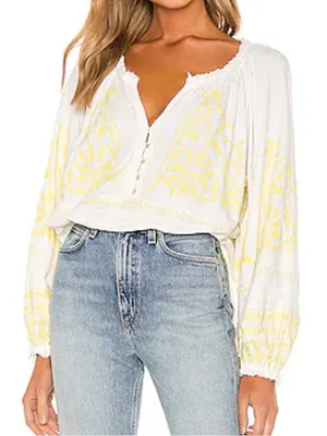 Free People Cotton Persuasion Embroidered Blouse Balloon Sleeve Oversized Large thumbnail 1
