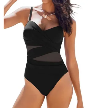 AI'MAGE Black One-Piece Swimsuit Slimming Modest Mesh Bathing Suit US LARGE thumbnail 1