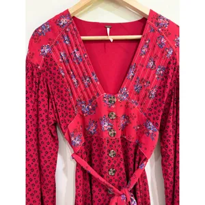 Free People Red Floral Mini Dress Long Sleeve Button Down V-Neck Boho Small thumbnail 3