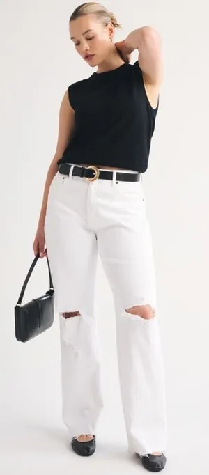 Abercrombie Curve Love High Rise 90s Relaxed Jean in White Destroy thumbnail 1