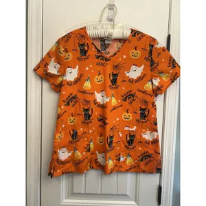 Scrubstar Womens L Halloween Print V-Neck Short Sleeve Scrub Top Cotton Orange thumbnail 2
