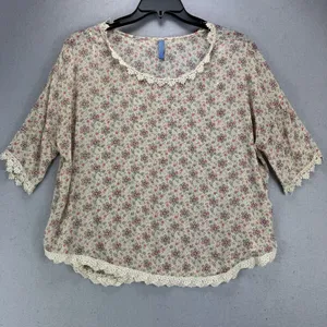 Free People Top Women's M Tan Floral Semi Sheer Crochet Trim Cottagecore thumbnail 1
