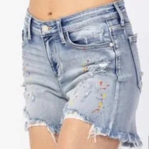 Judy Blue - Paint Spatter Distressed Jean Shorts - Light Blue thumbnail 12