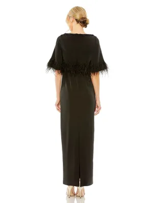 Mac Duggal Black Size 4 Feather Trim 1/4 Sleeve Long Column Gown Dress thumbnail 3