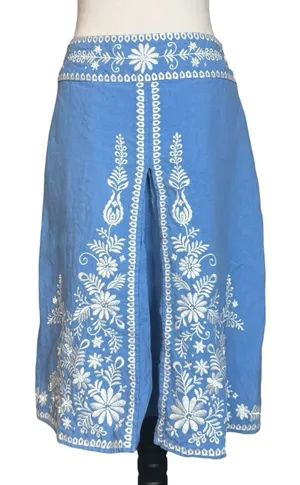 Vintage 100% Linen Skirt Sz 12 Artisan Embroidered Beaded Blue Cottage Boho Folk thumbnail 1