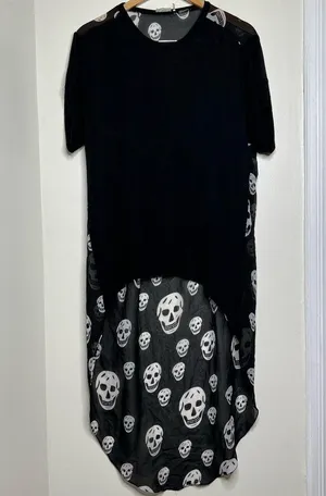 Tobi Skull Print Hi Low Long Duster Top Size Medium Thin Fabric Black White Goth thumbnail 1