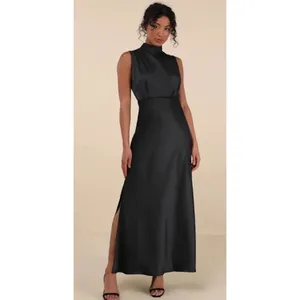 Lulus Classic Elegance Black Satin Sleeveless Mock Neck Maxi Dress L thumbnail 3