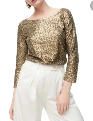 J. Crew Sequin Shirt Boat Neck 3/4 Sleeves Size XS Women Gold Christmas Top thumbnail 1