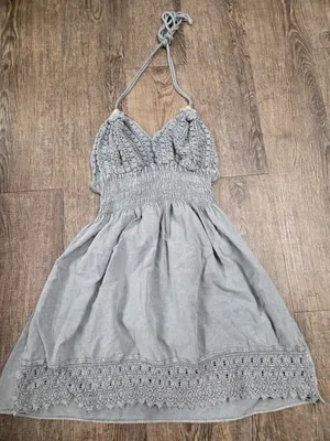 Blanco Mika Gray Cotton Made in Peru Halter Dress Eyelet Wood Beads Small thumbnail 1