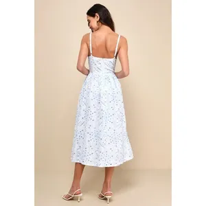 Lulus Floral Eyelet Embroidered Midi Dress Small White Blue Preppy Party Greece thumbnail 12