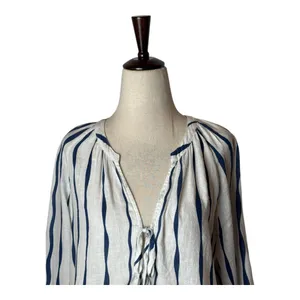 Rails Brielle Shirt Women Small White Blue‎ Wavy Stripe Linen Blend Tie Neck Top thumbnail 4