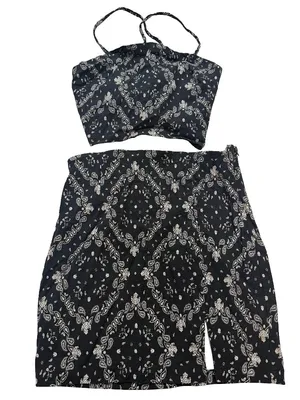 Garage Black White Paisley Outfit Bandana Crop Skirt Set Lace Small Women's thumbnail 1